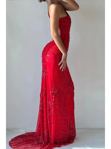 Vintage Sheath V Neck Beaded Sexy Red Chiffon Long Prom Dress Evening Dress HZ1023